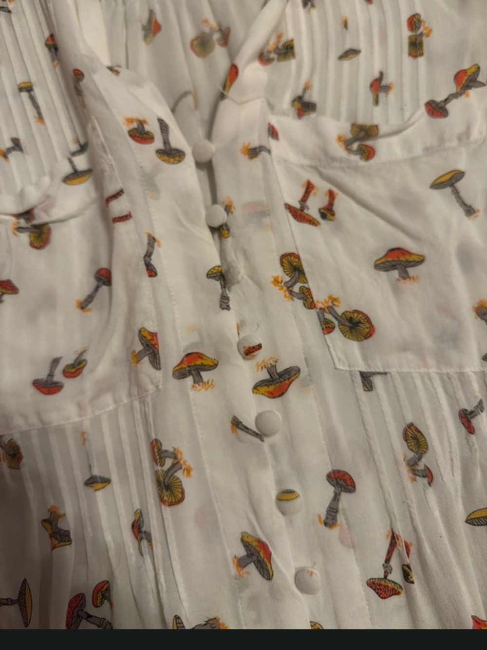 White Mushroom-Print Button Front Women’s Top Anthropologie Maeve